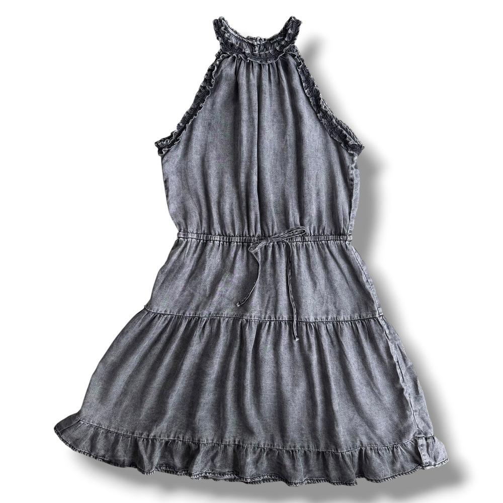 Doe & Rae Womens S Gray Mineral Acid Wash Tencel Halter Ruffle Tiered Mini Dress